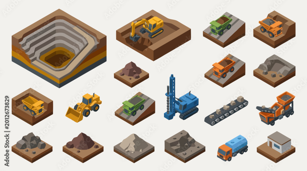 Fototapeta premium A collection of isometric mining equipment icons.