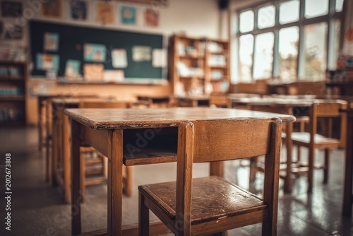 Empty elementary classroom with kid-sized desks and chairs bathed in natural daylight