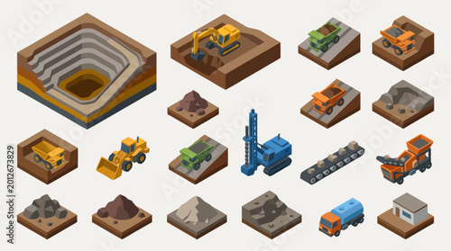 Foto A collection of isometric mining equipment icons.
