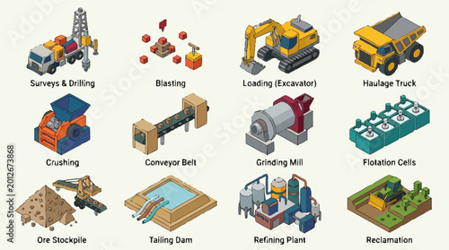 A collection of mining process icons.