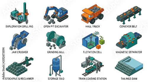 A collection of mining equipment illustrations.