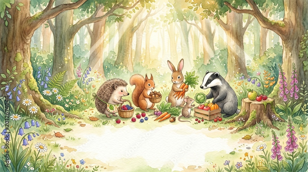 Obraz premium Forest animals harvest berries, nuts, and vegetables together in a bright, sunlit clearing