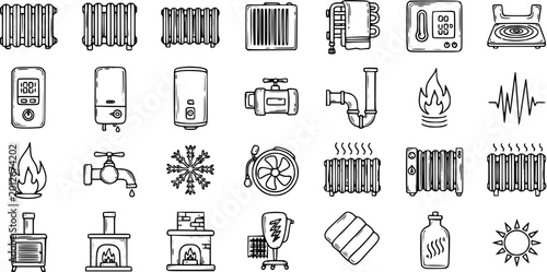 Konstfotografi Heating and Cooling Equipment Icons - Radiator, Boiler, Fan, Fireplace - Line Ar