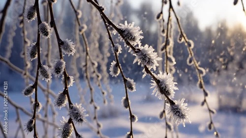 Frosted Pussy Willow Branches With Sparkling Snow In Golden Winter Morning Sunlight