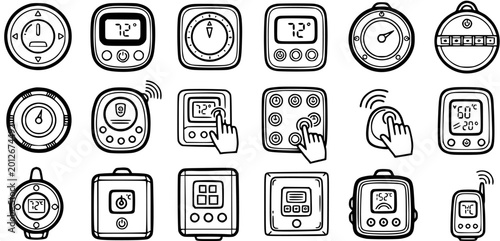 Photos Black and White Line Art Icons of Thermostats and Climate Control Devices
