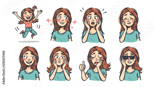 Tableau sur toile Expressions of a young girl : A collection of illustrations depicting a young girl's diverse range of emotions