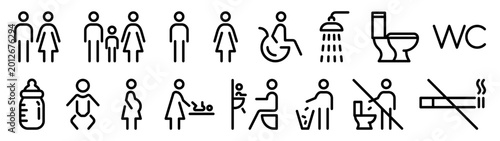 Set of restroom and toilet outline icons. Man, woman, baby, mother with baby, shower, toilet, do not litter symbols. Male, female and disabled pictograms with no smoking sign. Editable stroke vector.