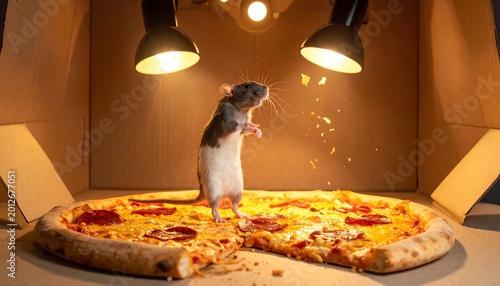 Mouse standing on large pepperoni pizza under warm lighting
