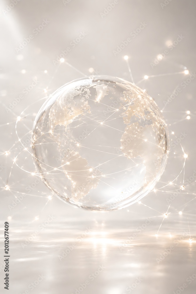 Fototapeta premium A luminous globe of Earth, illuminated by city lights, is surrounded by a network of glowing connections, symbolizing global connectivity and technology.