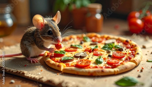 Mouse eating a slice of pizza on a wooden table