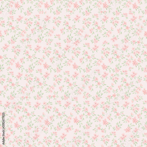 Seamless Pastel Pink Floral Pattern with Delicate Green Leaves-Blush Pink
