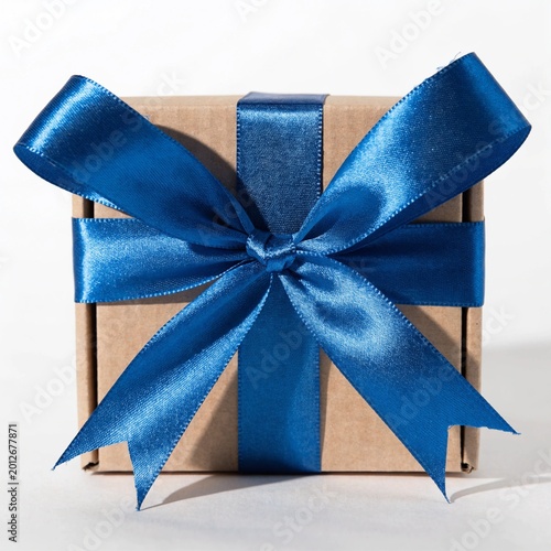 Gift box with blue ribbon bow on white background