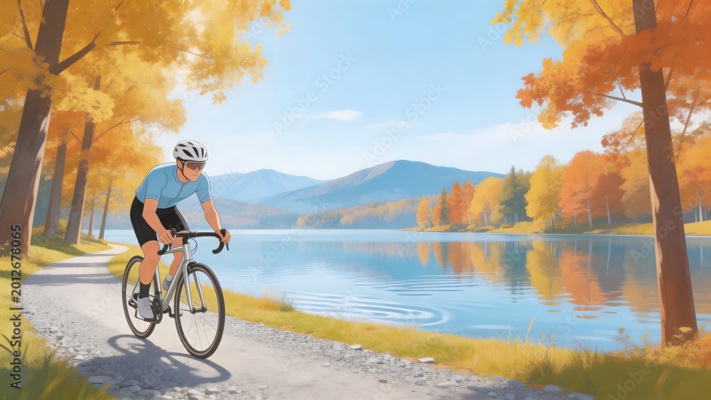 Fototapeta premium Person cycling on path by lake