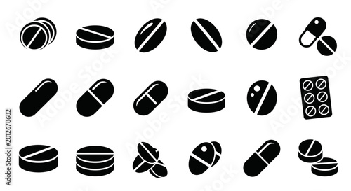 Black and white pharmaceutical pills and capsules icons for healthcare design
