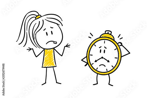 Fotografia Stressed woman looking at a giant ticking alarm clock.