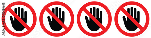 Don't touch vector icons set with warning hand symbols for safety and restricted access design.