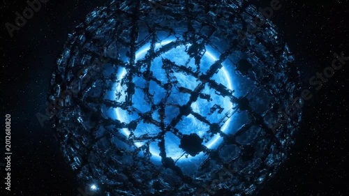 Futuristic Dyson Sphere Construction Around a Bright Blue Star