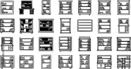 Foto Black and White Line Art Icons of Various Bookshelf Designs, Library Furniture,