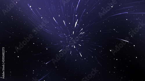 A dark purple background featuring radiating light streaks and scattered glowing dots simulating a warpspeed view