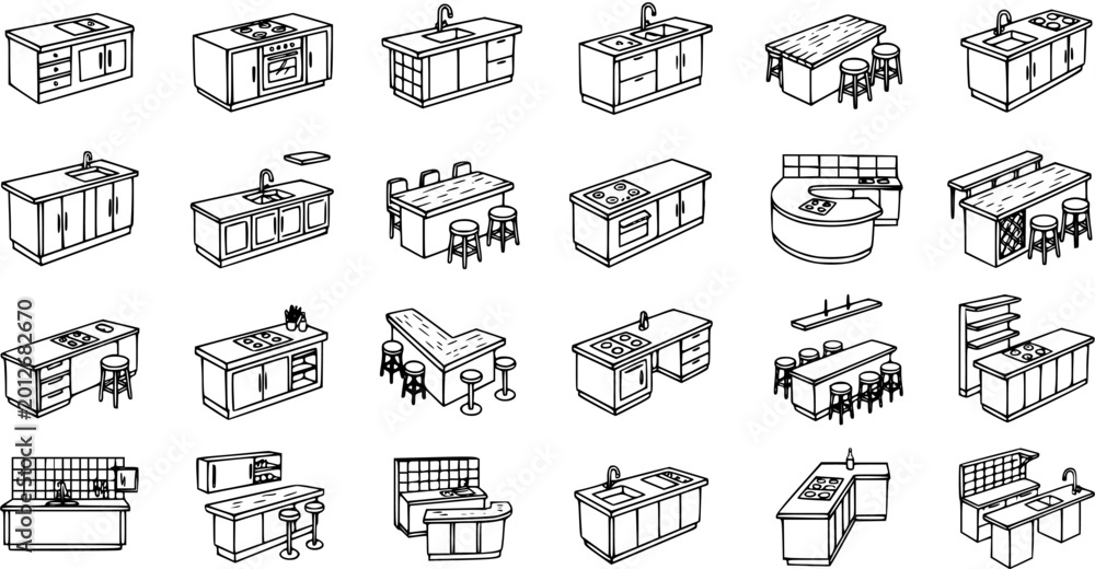 Fototapeta premium Kitchen Furniture Appliances Line Art Icons: Island, Counter, Sink, Stove, Bar