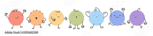 Happy round shape characters in rainbow colors. Cute children illustration. Funny little people vector illustrations