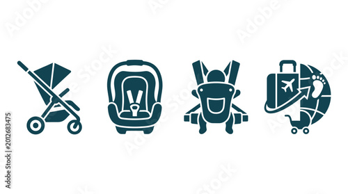 Baby Travel Gear Icons: Stroller, Car Seat, Carrier, Luggage & Globe