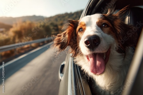 Happy dog with head out the car window on a sunny road trip