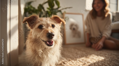 Heartwarming portrait of an adopted dog in a sunlit California home