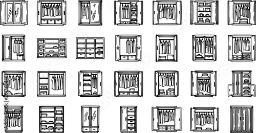 Tableau sur toile Black and White Line Art Set of Various Wardrobe and Closet Designs, Interior Fu
