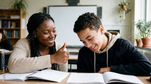 Teacher encouraging teenage student classroom education learning approval mentoring support diversity guidance black educator giving a thumb gesture of praise to a smiling teen during a school lesson