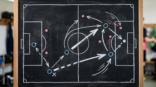 Coach drawing strategy on chalkboard