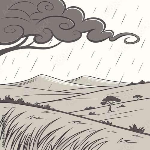 Schilderij op canvas Illustration of a stormy landscape with rain falling over rolling hills and acac