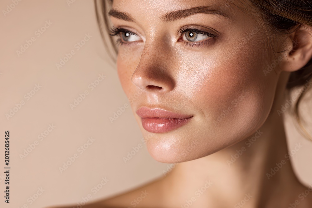 Obraz premium Intimate photograph of a calm woman with dewy complexion and reflective skin
