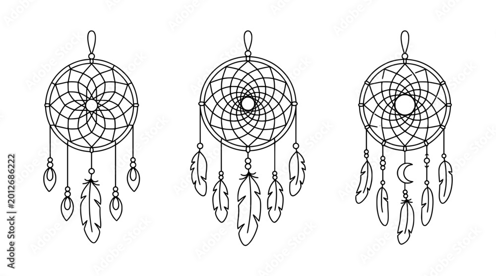 Obraz premium This captivating collection of dreamcatchers in line art style represents spirituality and protection, perfect for decor and artistic themes conveying dreams and aspirations.