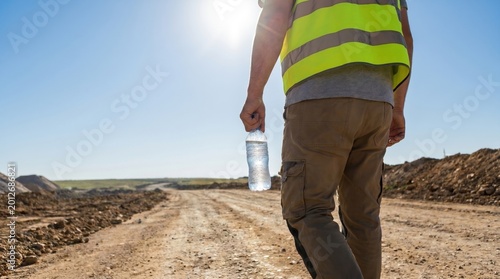 Construction worker in a high-visibility vest walking on a dusty road while holding a bottle of cold water.