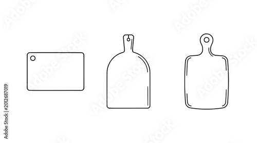 An elegant line art collection of various cutting boards, showcasing their simplistic and functional design, ideal for contemporary kitchen aesthetics.