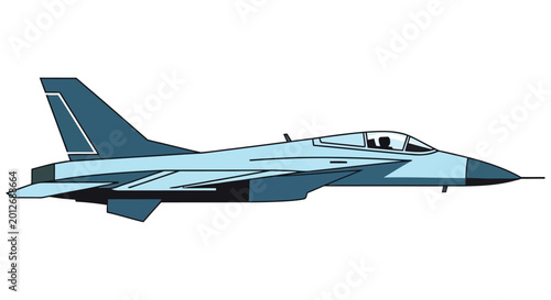 Fotografía Simplified illustration of a blue fighter jet in side profile against a white ba