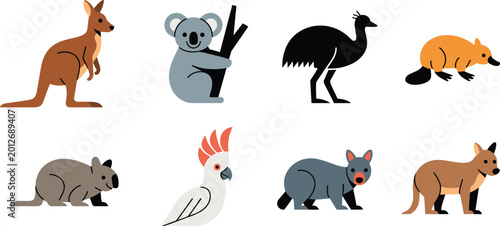 Foto Australian animals cartoon vector, native wildlife icons, kangaroo, koala, emu, platypus, cockatoo, tasmanian devil, isolated fauna clipart set