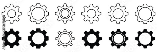 Gear wheel and cog icon set representing settings configuration and mechanical system adjustment vector illustration.