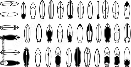 Foto Black and White Line Art Illustration of Various Surfboards and Paddleboard for