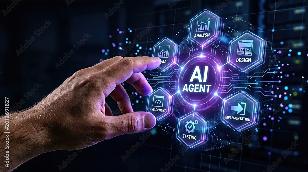 Fototapeta premium AI Agent technology interface with glowing blue icons, artificial intelligence business automation concept, digital software development and analysis