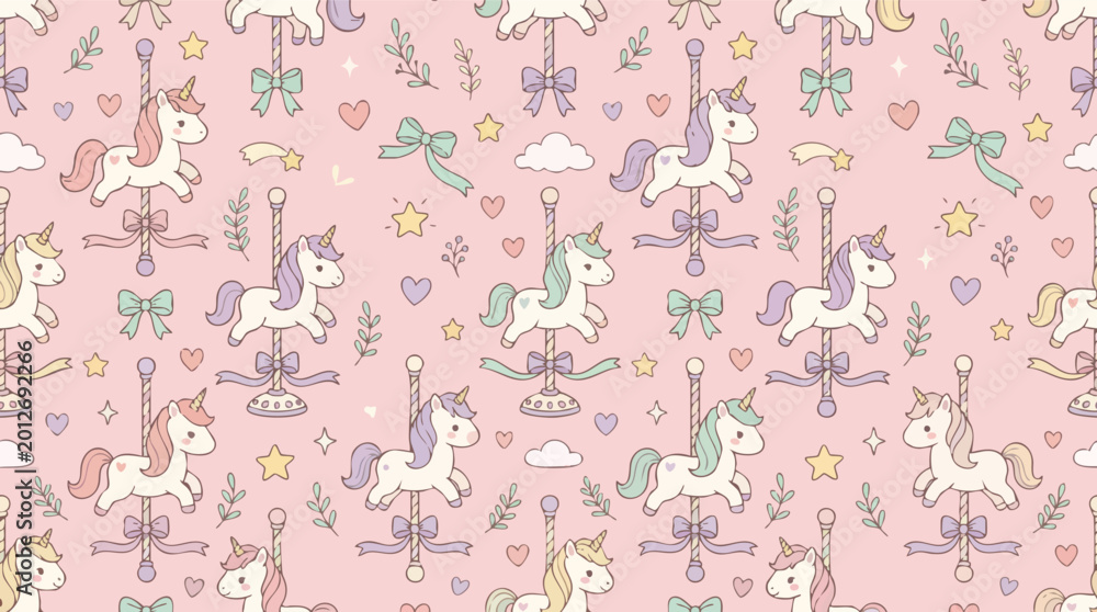 Obraz premium Unicorn Carousel Seamless Pattern for Cute Baby Nursery Theme