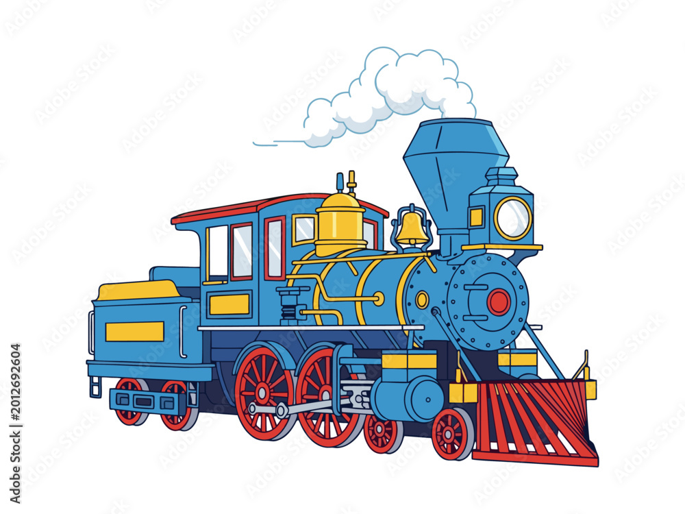 Fototapeta premium Colorful Steam Locomotive Cartoon Illustration, featuring a classic funnel emitting white smoke