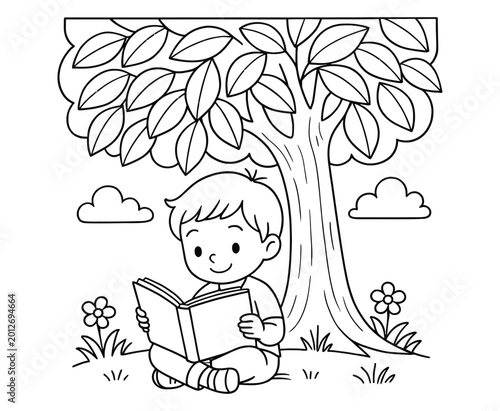 Little boy reading book under tree coloring page for kids educational activity illustration.