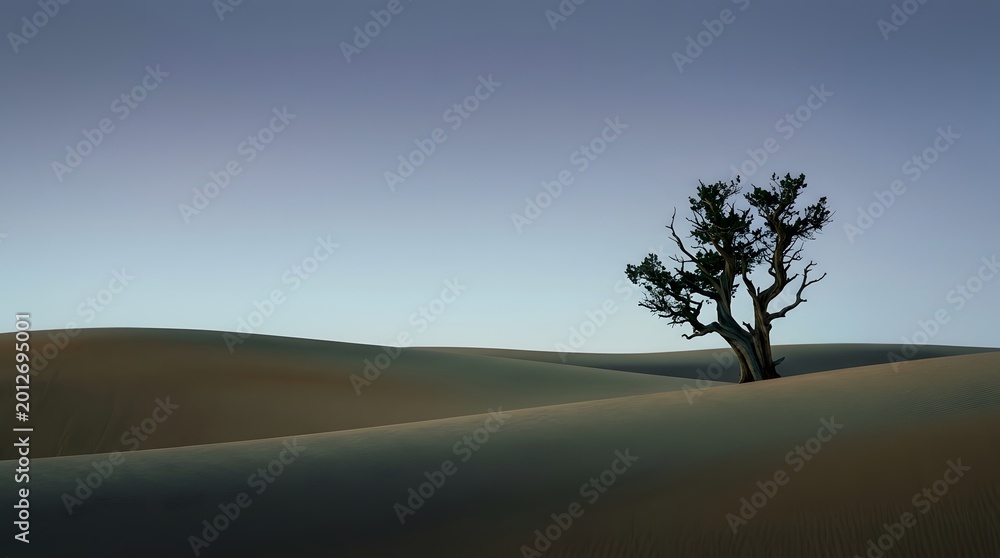 Fototapeta premium A lone tree stands on a sandy hill in a desert landscape at sunset.