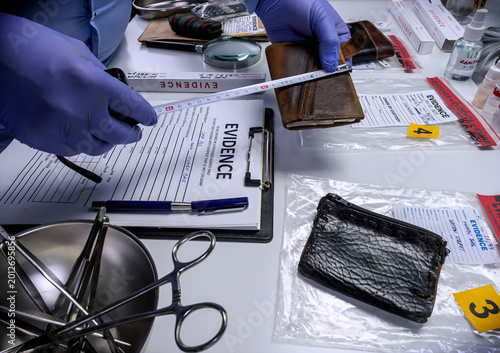 Fotografía Specialised police officer measures wallet in crime lab, conceptual image