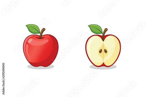 Two cartoon apples one whole and one halved showing seeds apple red fruit illustration healthy