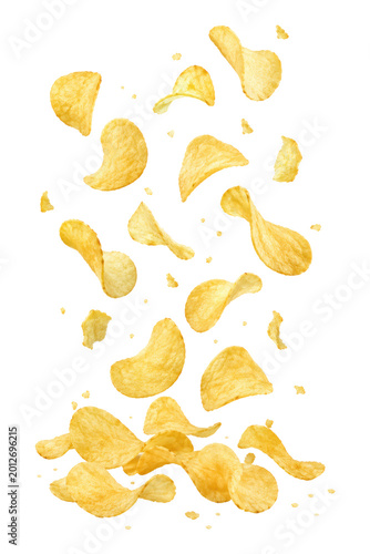 Tableau sur toile Floating crispy potato chips isolated on a light gray background with falling sn