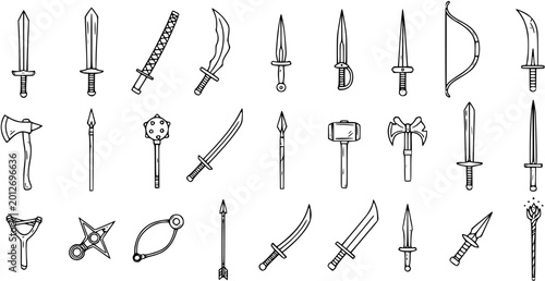 Canvas-taulu Black and White Line Art of Fantasy Weapons Collection, Sword, Axe, Bow, Dagger,