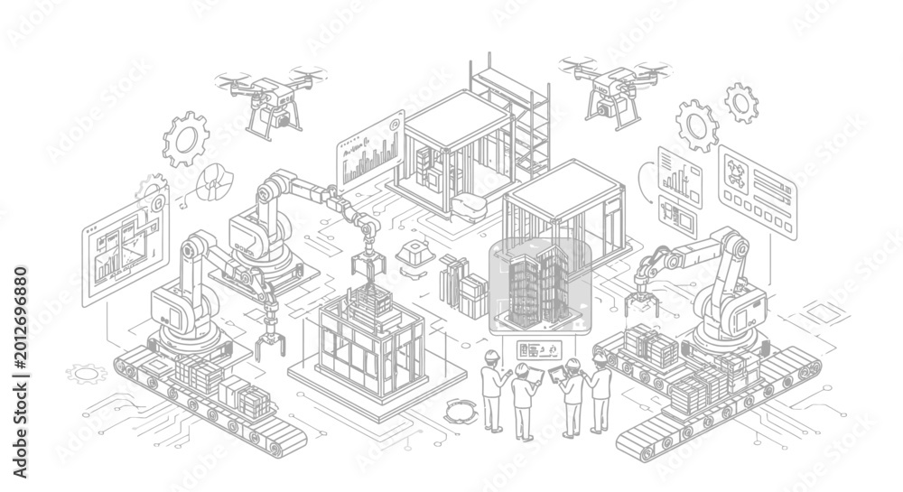 Fototapeta premium Isometric illustration of robotic factory and drones with integrated technology